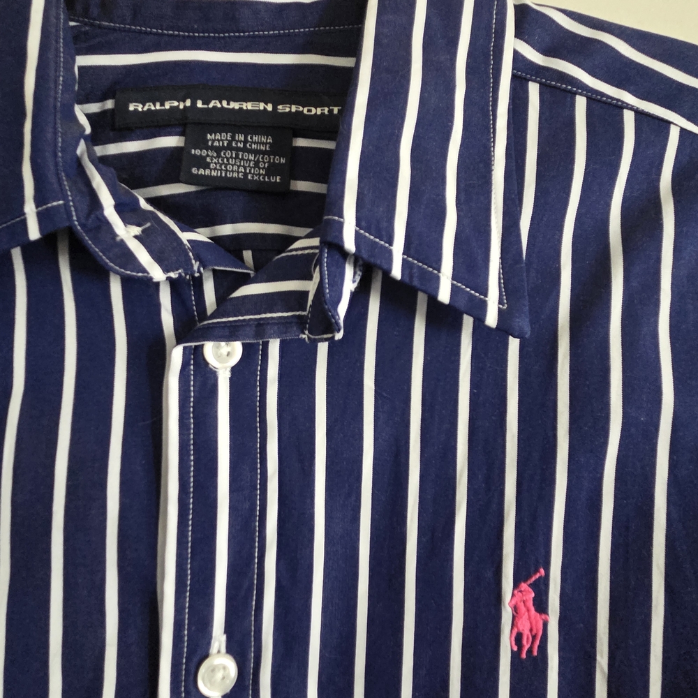 Ralph Lauren Navy and White Striped Button Down Shirt